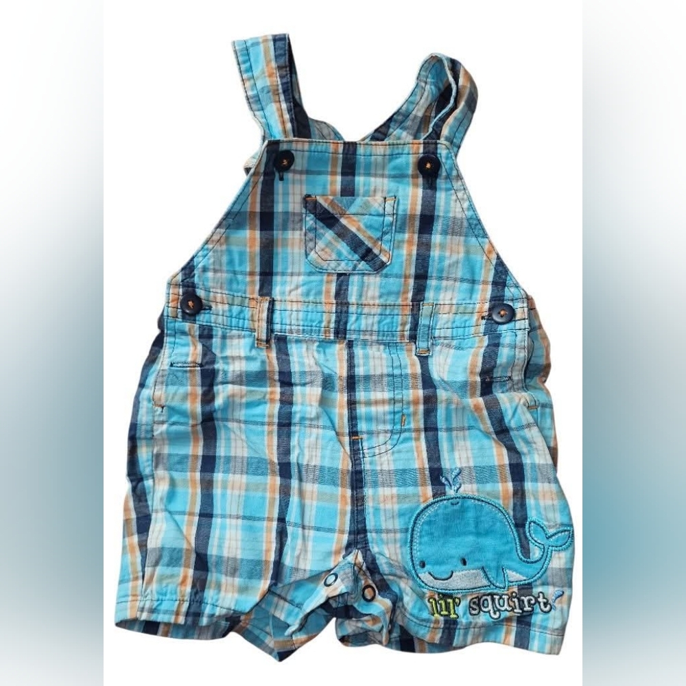 First Moments 6m Boys Bib Overalls Plaid Shorts